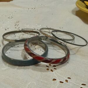 Elegant Silver and Red Bangle Set